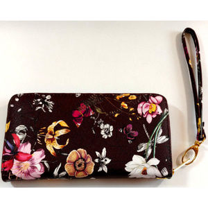 Wallet Womens Clutch Zip Up Wristlet Maroon Floral